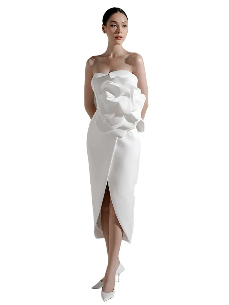 3D Flower Round Neck Long Sleeve Midi Dress