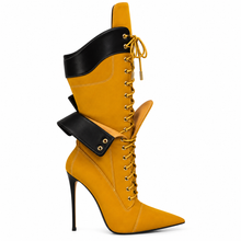 Load image into Gallery viewer, Patch Pointed-Toe Stiletto Lace-Up Boots