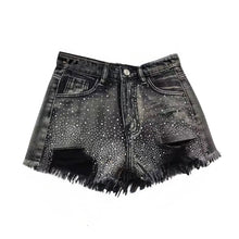 Load image into Gallery viewer, Ripped Crystal Speckled Denim Shorts