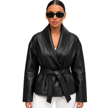 Load image into Gallery viewer, Belted Leather Wrap Jacket