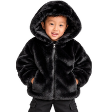 Load image into Gallery viewer, A young child wearing a black faux fur hooded jacket with a front zipper, shown against a plain white background.