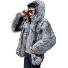 Load image into Gallery viewer, Grey Hooded Fur Coat