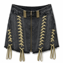 Load image into Gallery viewer, Tan Lace Zipper Denim Skirt