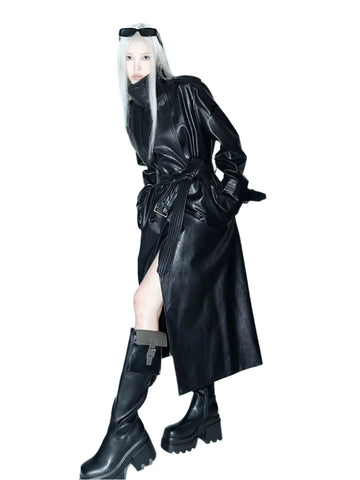 Long Leather Padded Shoulder Jacket-Modern Baby Las Vegas