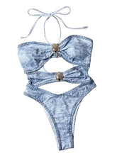 Load image into Gallery viewer, Silver Accent Hollow Out Denim Print Swimsuit