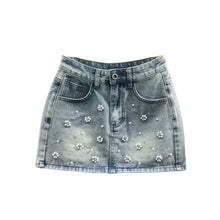 Load image into Gallery viewer, Pearl Crystal Beaded Denim Skirt