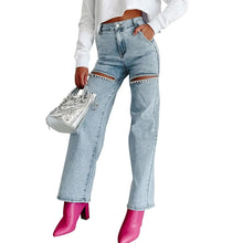 Load image into Gallery viewer, Crystal Hollow Out Wide-Leg Denim Jeans-Modern Baby Las Vegas