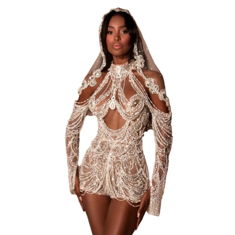 Draped Hollow Out Crystal Mini Dress-Modern Baby Las Vegas