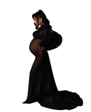 Load image into Gallery viewer, Black Sheer Puff Sleeve Maternity Dress