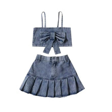 Load image into Gallery viewer, Bow Denim Pleated Skirt Set