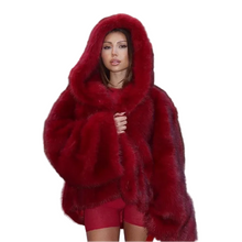 Load image into Gallery viewer, Cherry Red Hooded Fur Coat