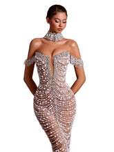 Load image into Gallery viewer, Elegant Off-Shoulder Draped Beaded Dress