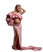 Load image into Gallery viewer, Pink Satin Puff Sleeve Maternity Dress Set