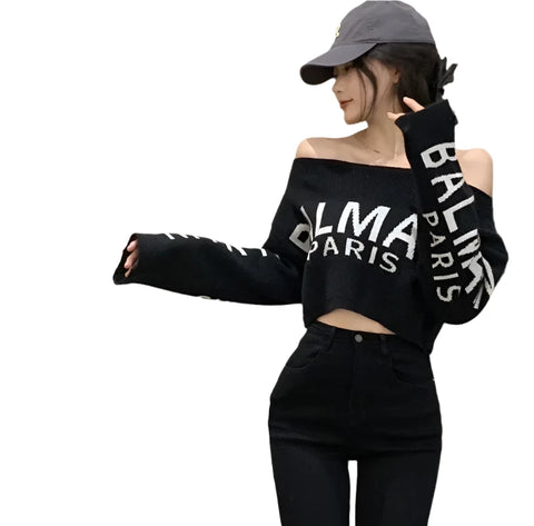 Letter Off The Shoulder Crop Sweater-Modern Baby Las Vegas
