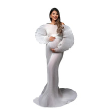 Load image into Gallery viewer, White Puff Sleeve Pleated Maternity Dress-Modern Baby Las Vegas