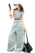 Load image into Gallery viewer, Ripped Pocket Cargo Denim Jeans Set