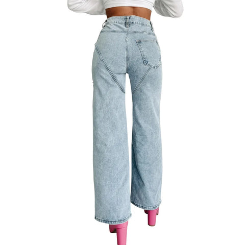 Crystal Hollow Out Wide-Leg Denim Jeans-Modern Baby Las Vegas