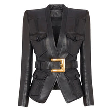 Load image into Gallery viewer, Belted Patch Leather Jacket