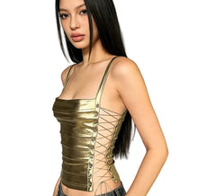 Load image into Gallery viewer, Lace Up Side Metallic Top