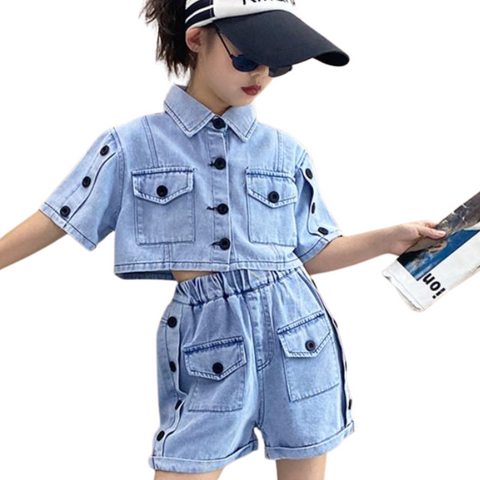 Button Denim Top + Short Set-Modern Baby Las Vegas