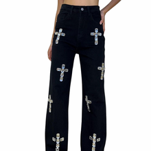 Load image into Gallery viewer, Black Rhinestone Cross Denim Jeans-Modern Baby Las Vegas