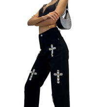 Load image into Gallery viewer, Black Rhinestone Cross Denim Jeans-Modern Baby Las Vegas