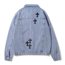 Load image into Gallery viewer, Leather Cross Patch Denim Jacket-Modern Baby Las Vegas