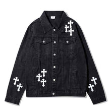 Load image into Gallery viewer, Leather Cross Patch Denim Jacket-Modern Baby Las Vegas