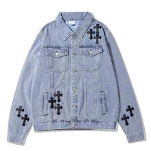 Load image into Gallery viewer, Leather Cross Patch Denim Jacket-Modern Baby Las Vegas