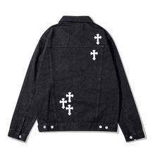 Load image into Gallery viewer, Leather Cross Patch Denim Jacket-Modern Baby Las Vegas