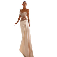 Load image into Gallery viewer, Luxury  Satin Crystal Patch Illusion Dress
