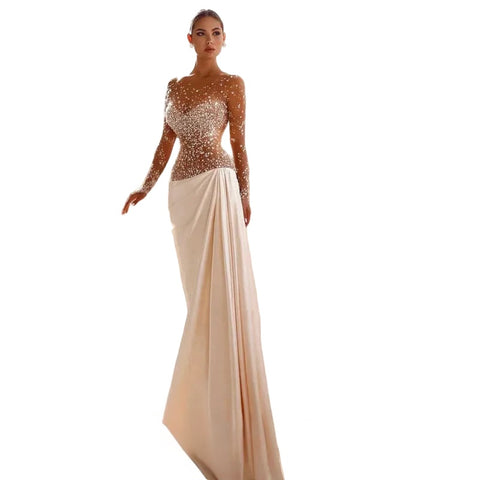Luxury  Satin Crystal Patch Illusion Dress