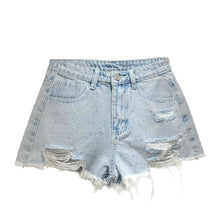 Load image into Gallery viewer, Ripped Crystal Speckled Denim Shorts
