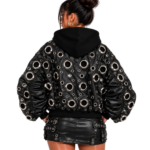 Hollow Out Metal Hole Leather Jacket