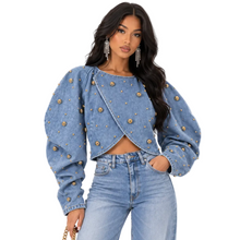 Load image into Gallery viewer, Gold Studded Puff Sleeve Denim Top
