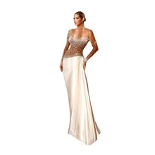 Load image into Gallery viewer, Luxury  Satin Crystal Patch Illusion Dress
