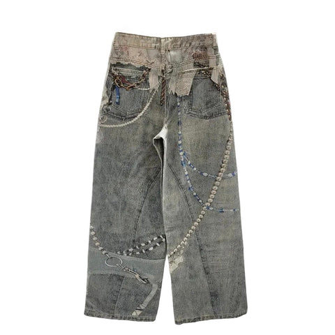 3D Printed Lace Pearl Wide Leg Denim Jeans