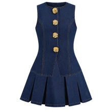 Load image into Gallery viewer, Gold Flower Button Denim Dress Set
