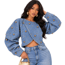 Load image into Gallery viewer, Gold Studded Puff Sleeve Denim Top
