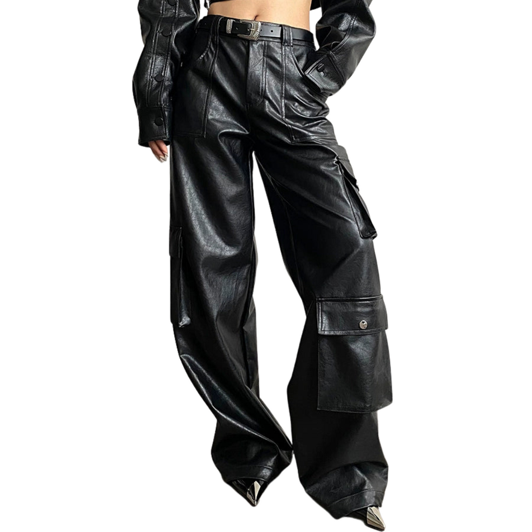 Glossy Multi-Pocket Leather Pants