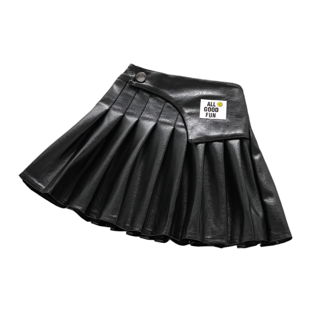 Patch Pleated Leather Skirt