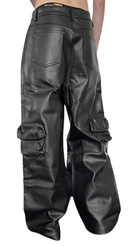 Black Leather Straight Cargo Pants-Modern Baby Las Vegas