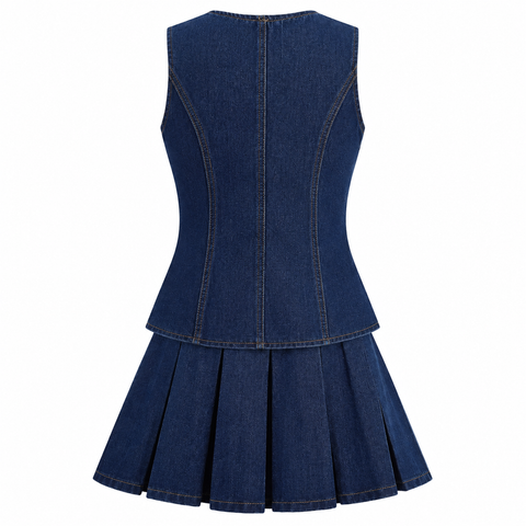 Gold Flower Button Denim Dress Set