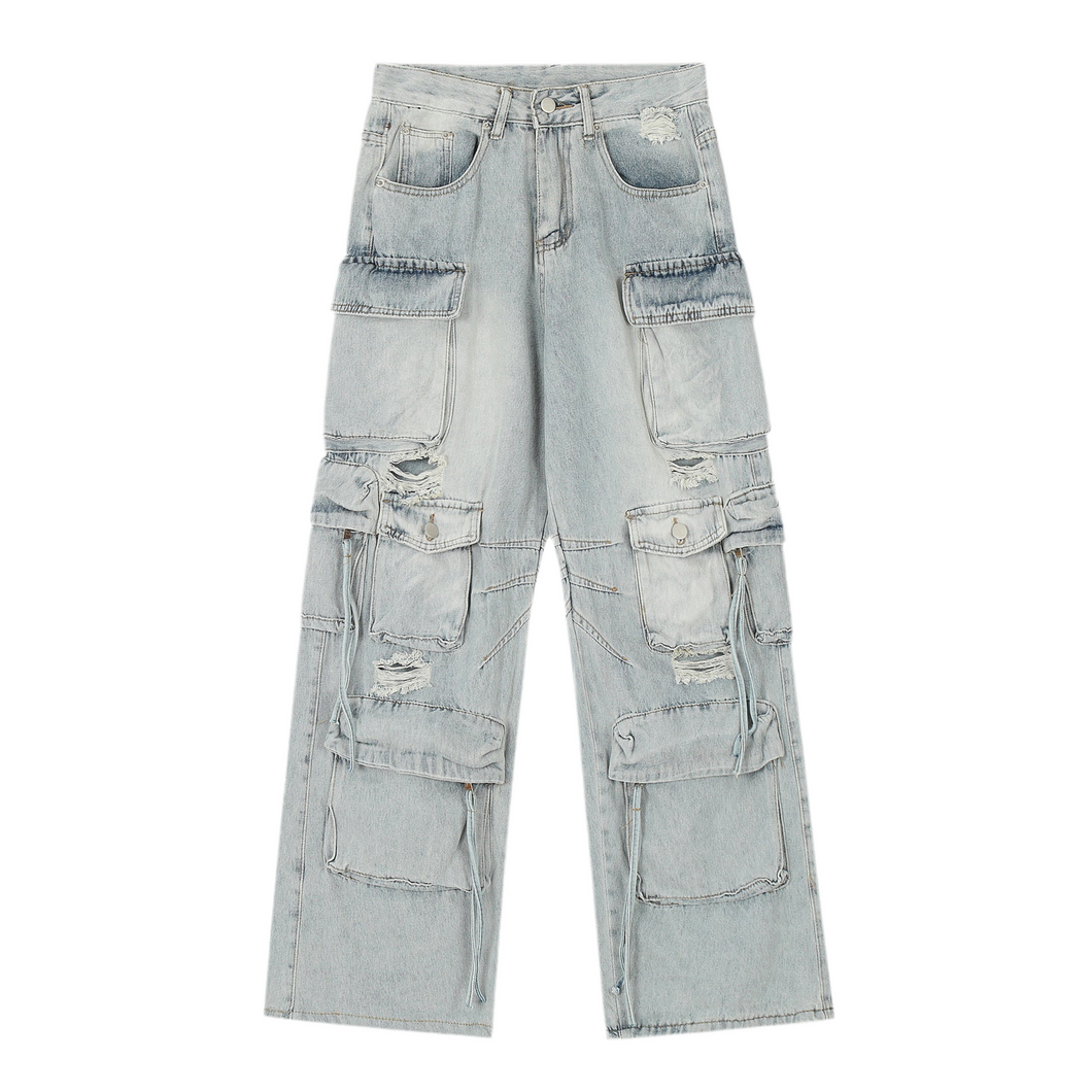 Ripped Heavy Washed  Multi-Pocket Denim Jeans