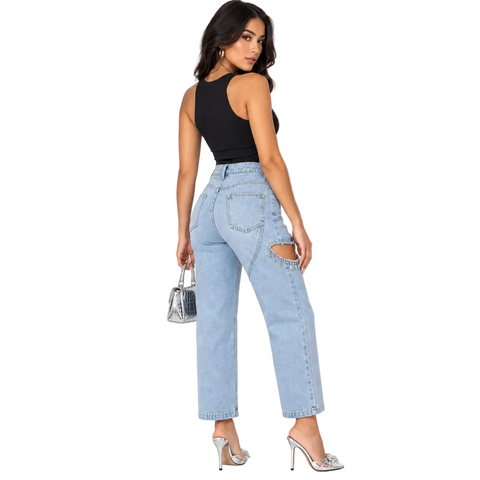 Crystal Hollow Out Denim Jeans