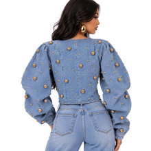 Load image into Gallery viewer, Gold Studded Puff Sleeve Denim Top
