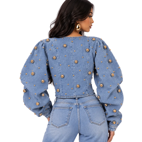 Gold Studded Puff Sleeve Denim Top