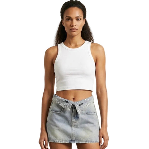 Crystal Folded Denim Skirt