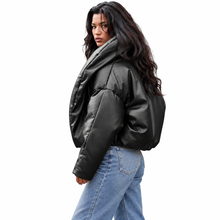 Load image into Gallery viewer, Black Leather Puffer Coat
