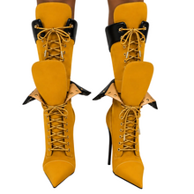 Load image into Gallery viewer, Patch Pointed-Toe Stiletto Lace-Up Boots
